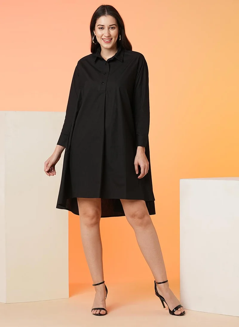 جلو باص Globus Women Black Shirt Collar Cuffed Sleeves Pure Cotton A-Line High-Low Dress